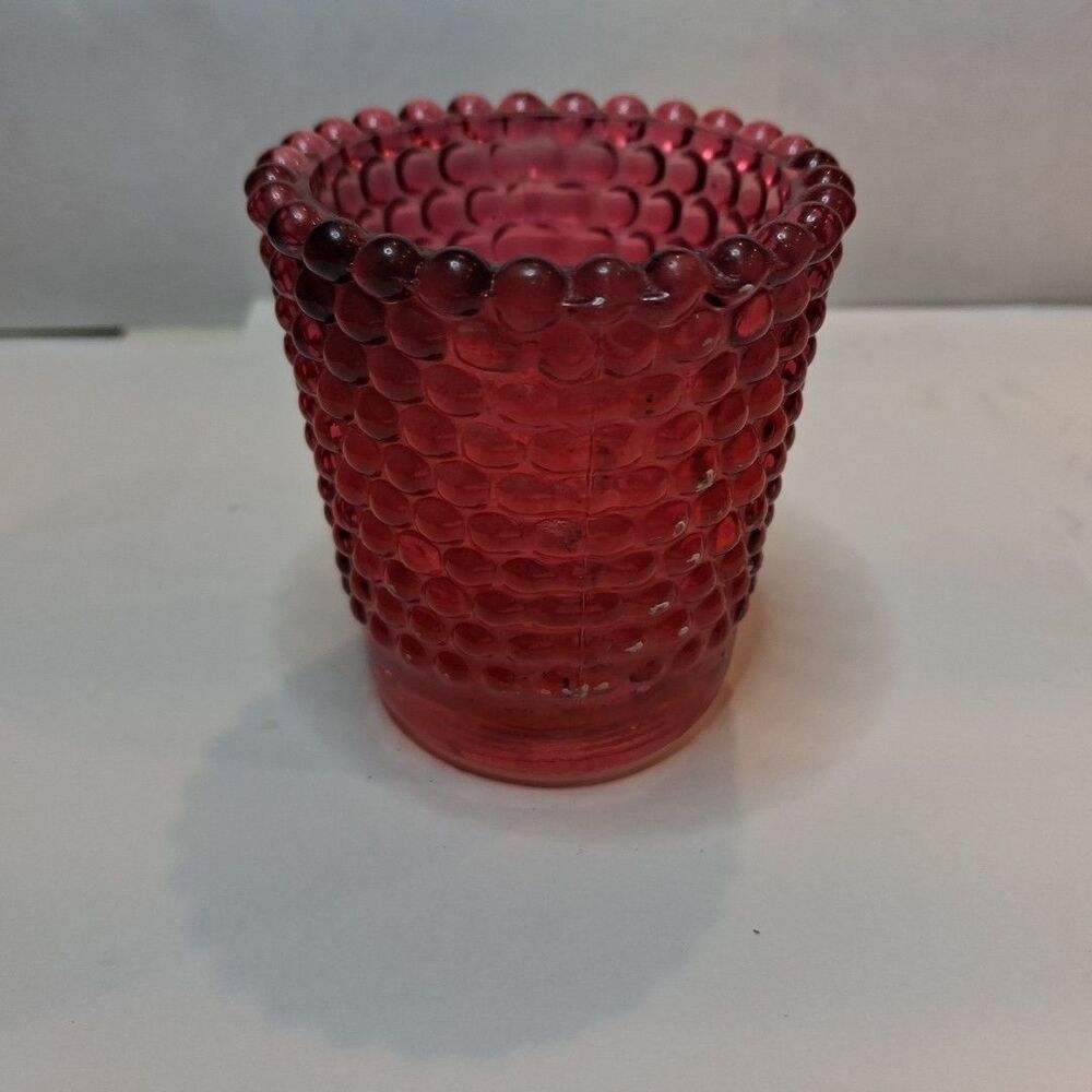 Vintage Ruby Red Hobnail Glass Votive Candle Holder Plus One Red, Blue Candle
